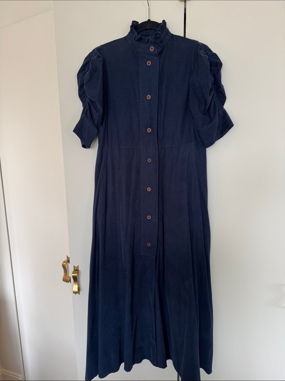 Women's Navy Ruffle-Neck Button-Front Maxi Dress